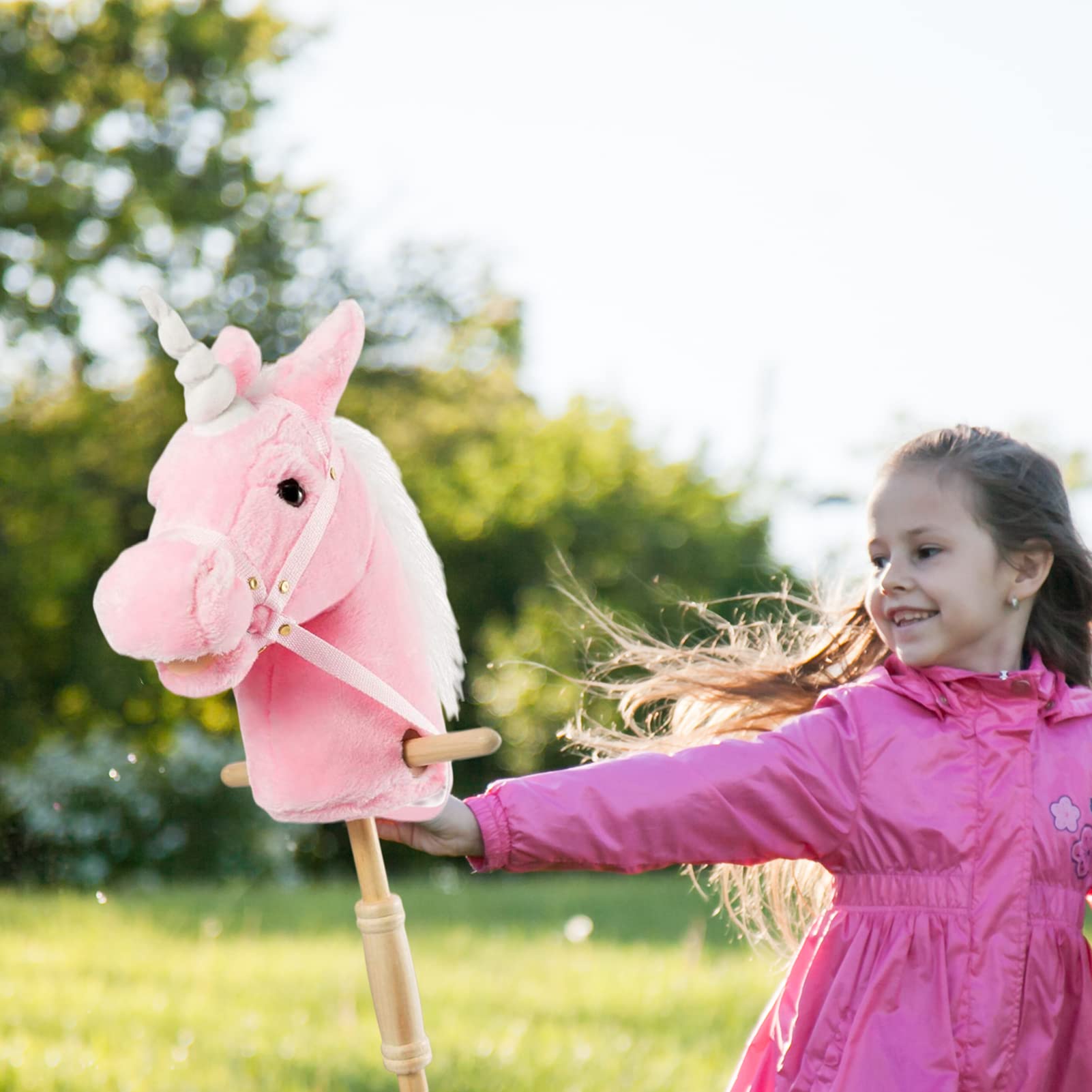 HollyHOME head detail of plush unicorn stick horse, crafted for kid-friendly play