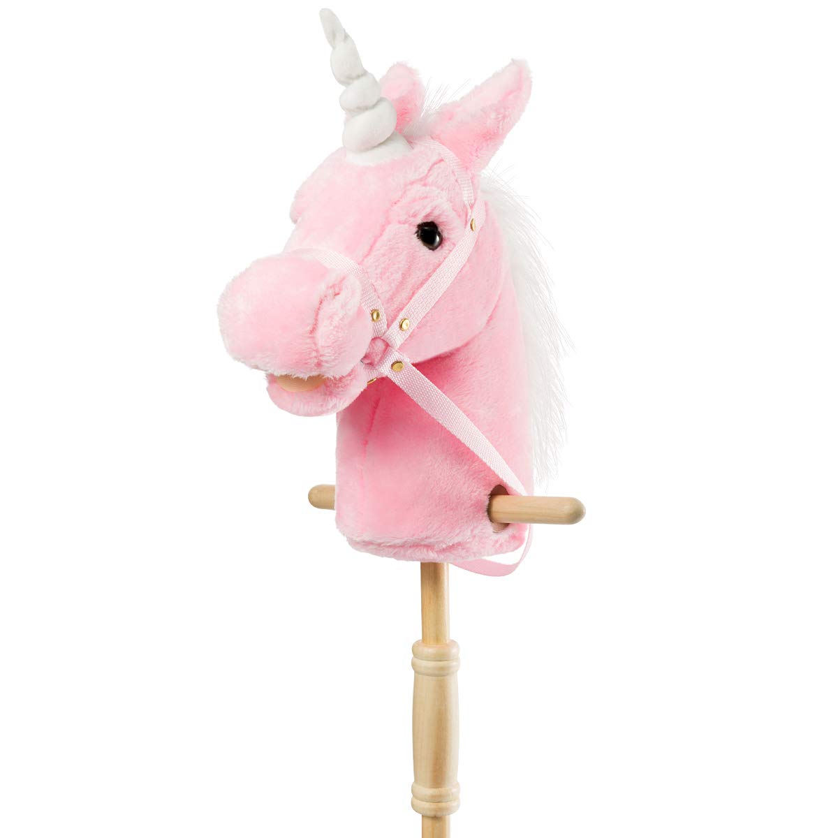 HollyHOME plush unicorn stick horse with wood wheels in pink for imaginative play