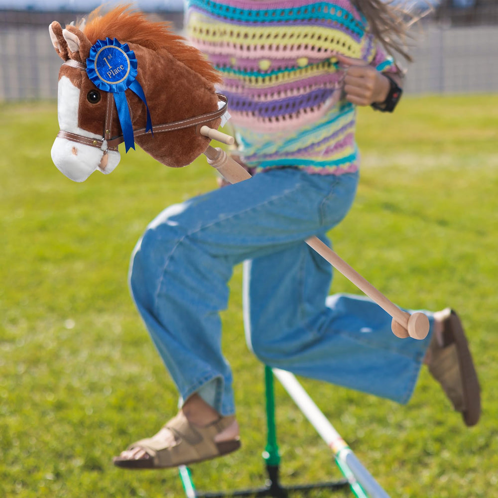 HollyHOME stick horse detachable blue ribbon, adds championship-inspired storytelling.