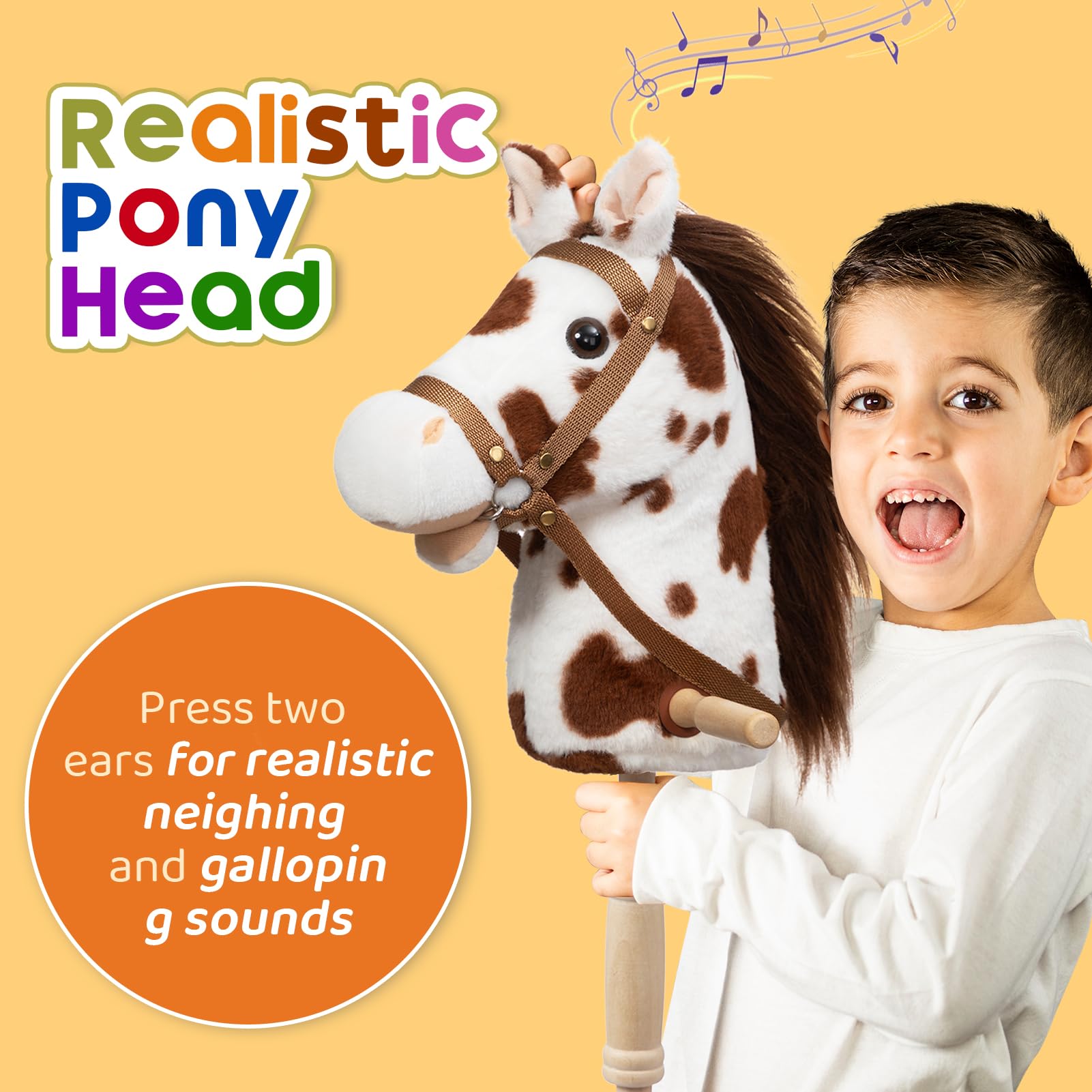 HollyHOME stick horse plush head close-up showing soft fluffy mane for tactile fun