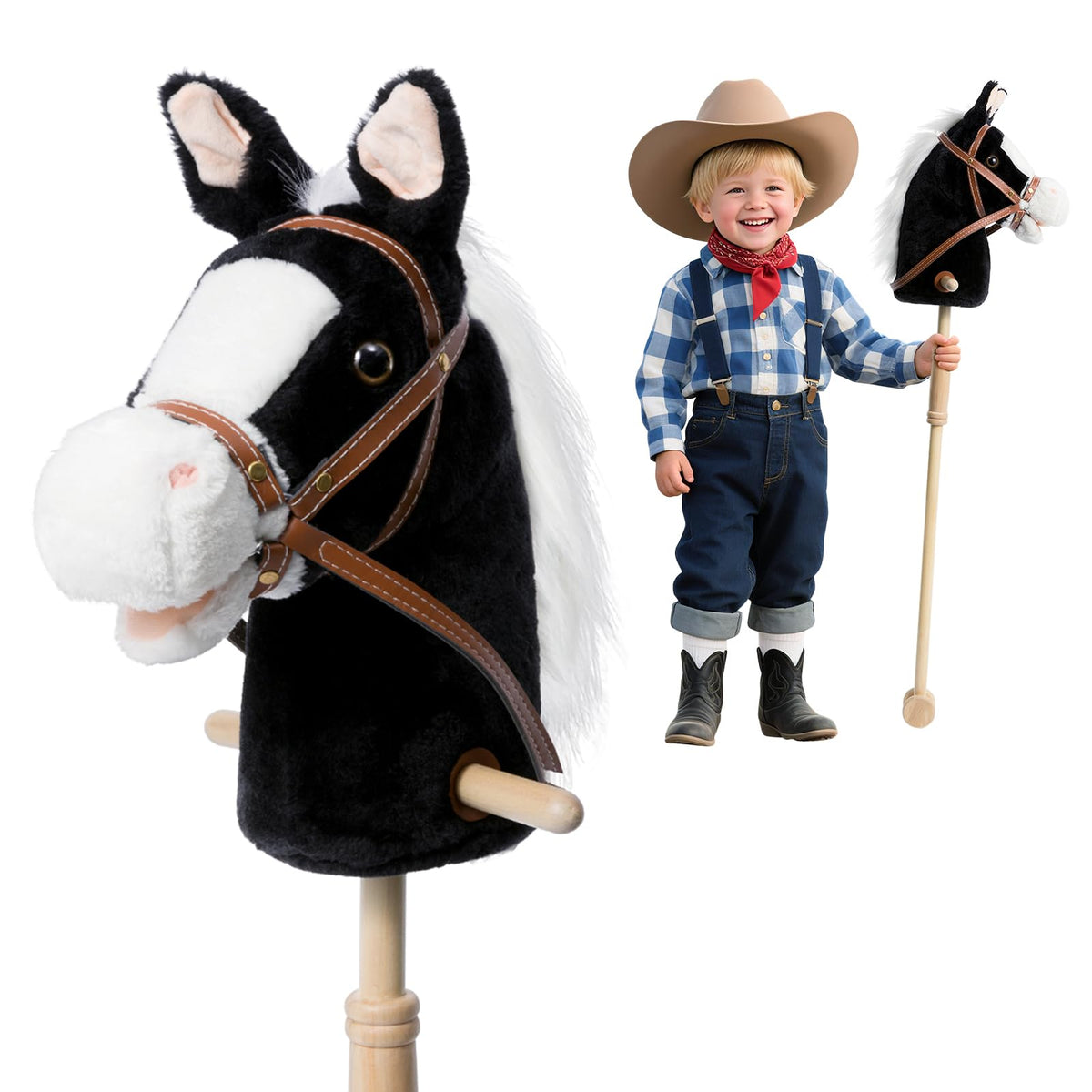 HollyHOME stick horse plush head close-up shows soft fur for gentle play.