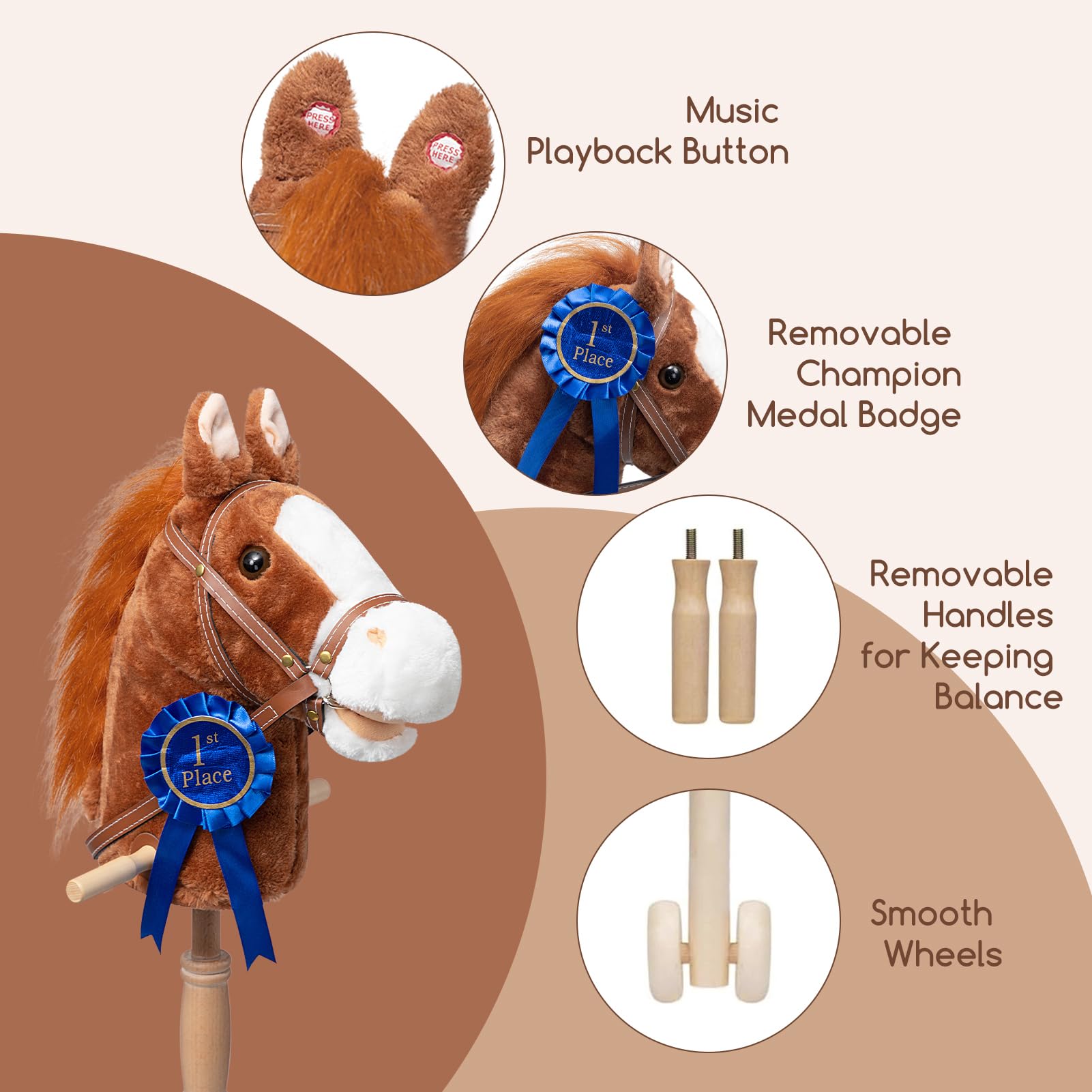 HollyHOME stick horse wheels and handles, smooth movement for walking and trotting.