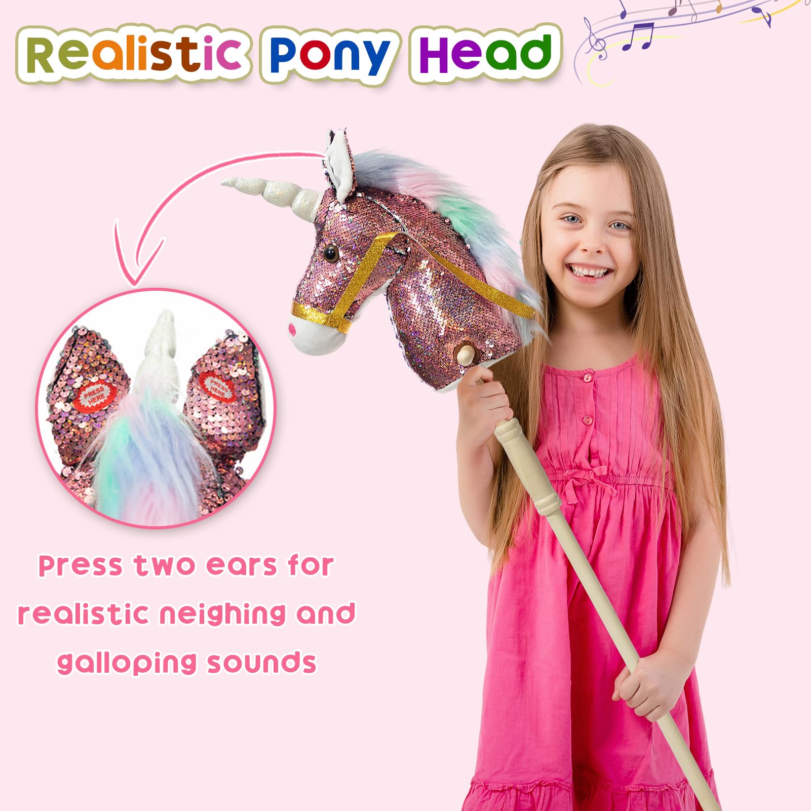 HollyHOME unicorn stick horse head detail in pink plush enhances imaginative pretend riding.