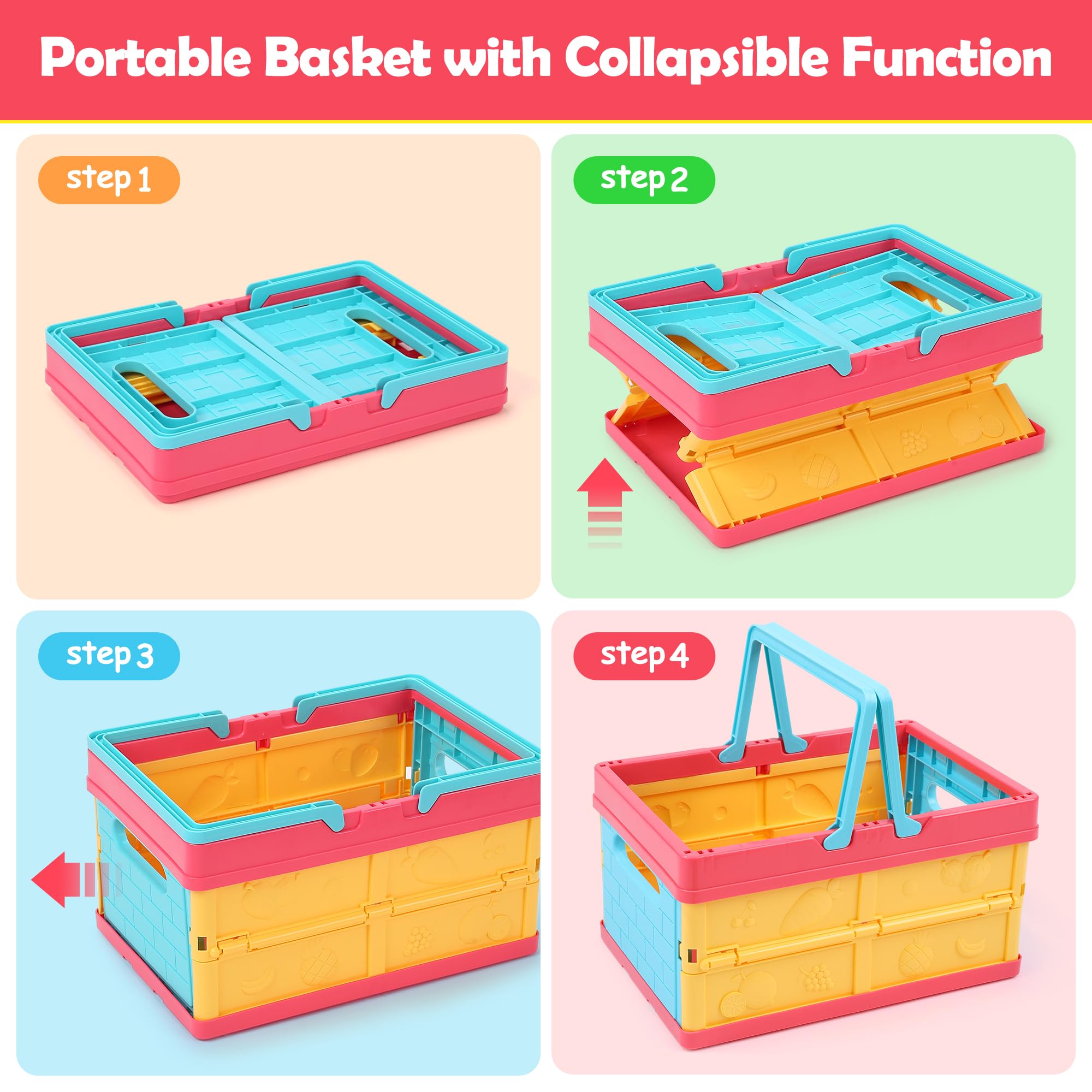 HOLYFUN collapsible storage basket keeps play food organized and portable.