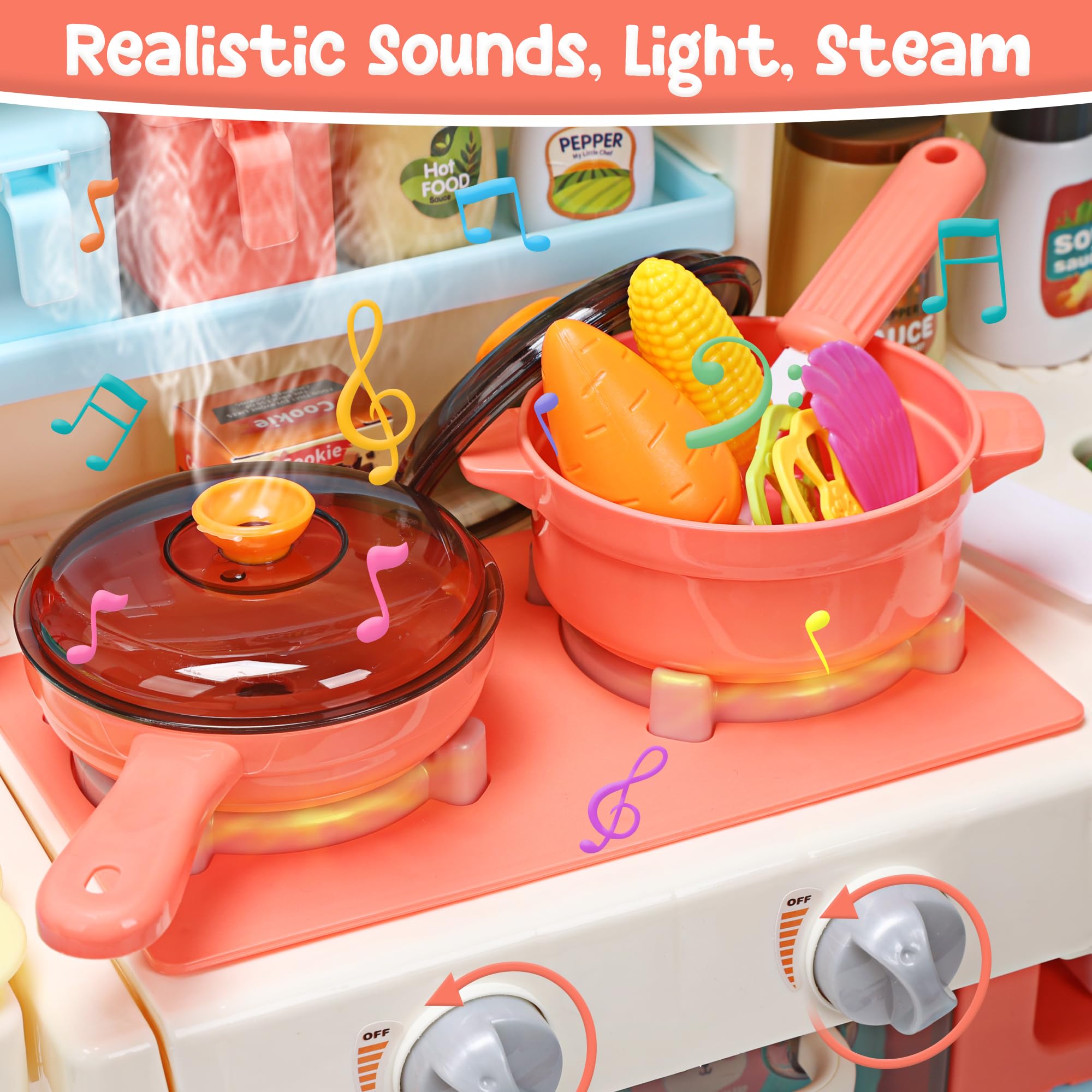 HOLYFUN Kids Kitchen Playset pink sink with water for realistic washing play