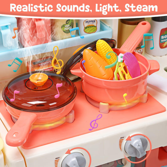HOLYFUN Kids Kitchen Playset pink sink with water for realistic washing play