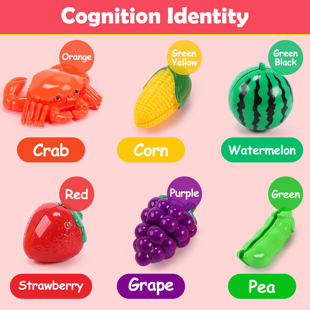 HOLYFUN vibrant play food variety promotes color learning and sorting play.