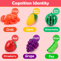HOLYFUN vibrant play food variety promotes color learning and sorting play.