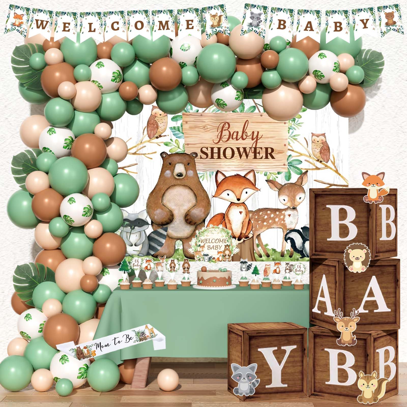 Hombae woodland baby shower backdrop with forest animals for warm, inviting decor.