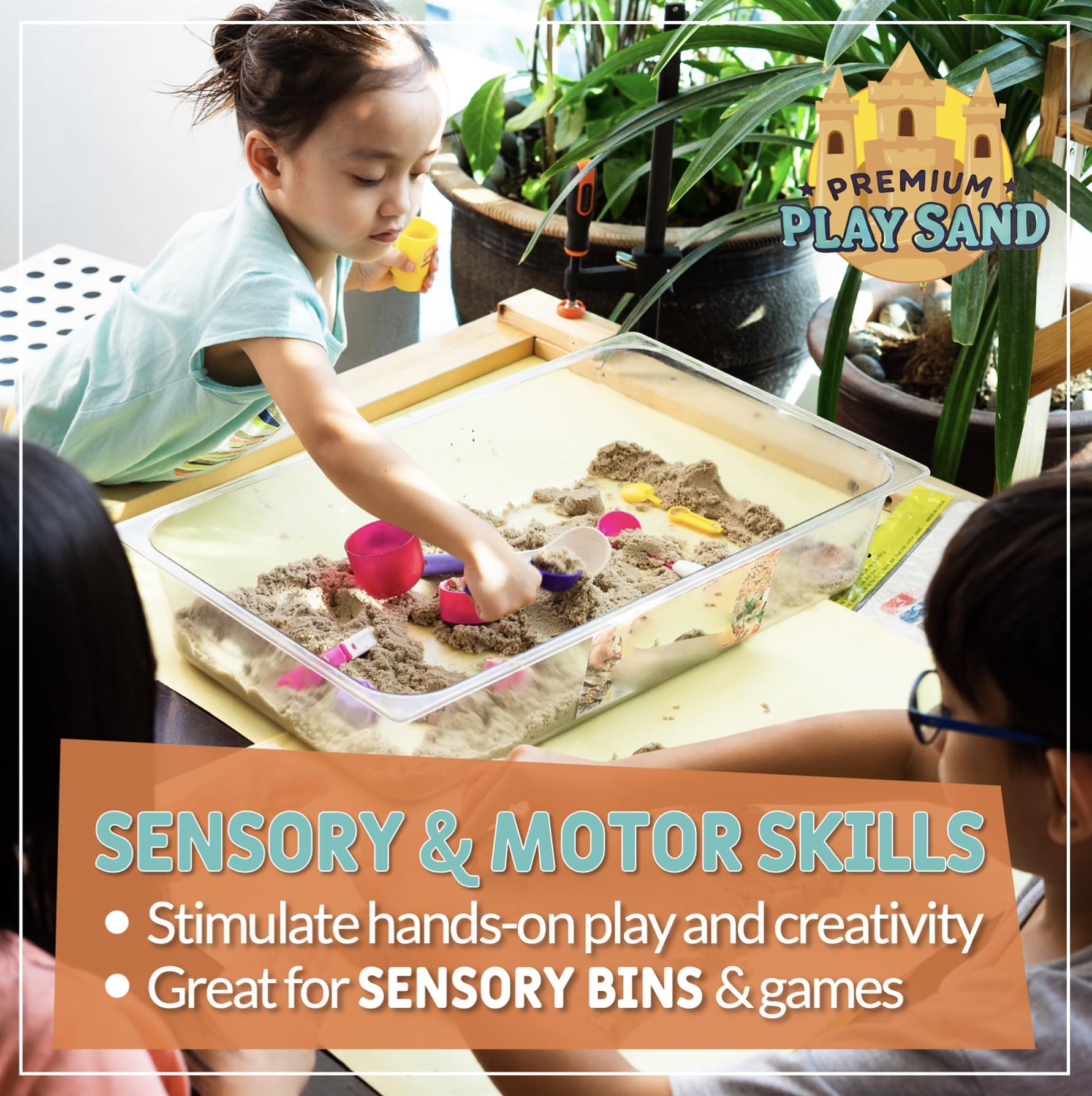 Sensory bins with Home and Country USA Play Sand promote tactile exploration.
