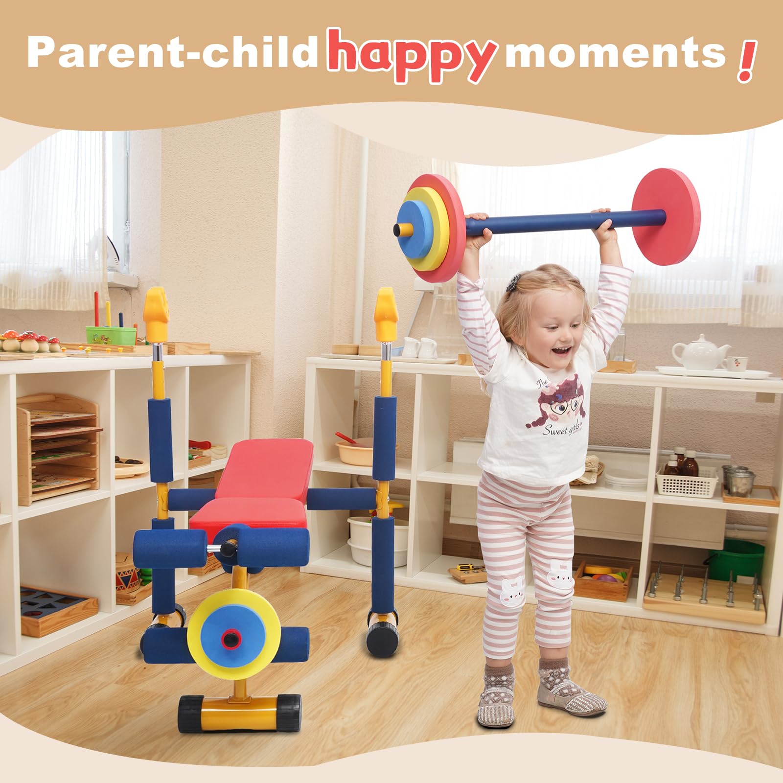 Home-Man kids weight bench barbell showing kid-friendly size for pretend lifting