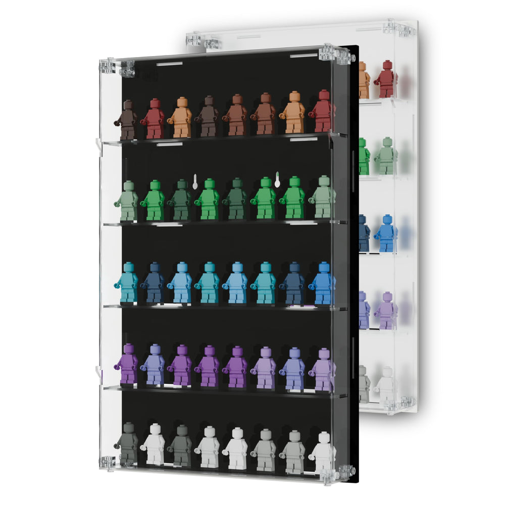 Homelodge acrylic minifigure display case on a wall mount shows 40 figures clearly.