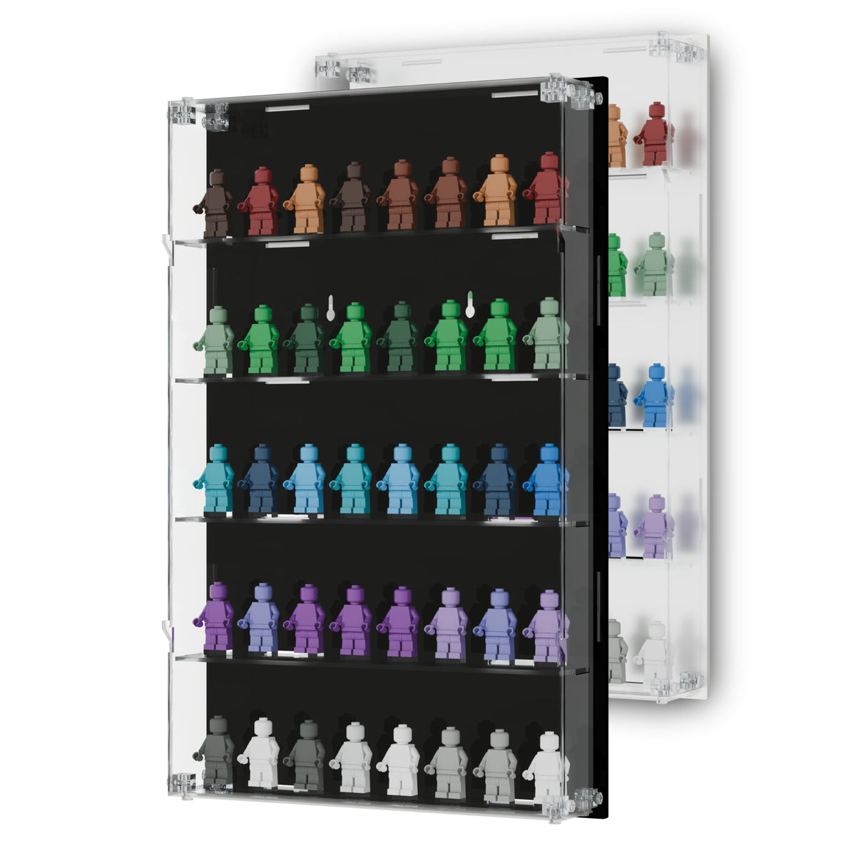 Homelodge acrylic minifigure display case on a wall mount shows 40 figures clearly.