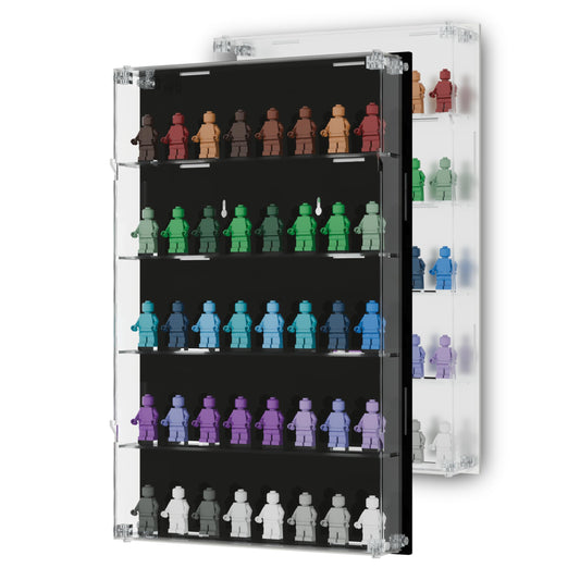 Homelodge acrylic minifigure display case on a wall mount shows 40 figures clearly.