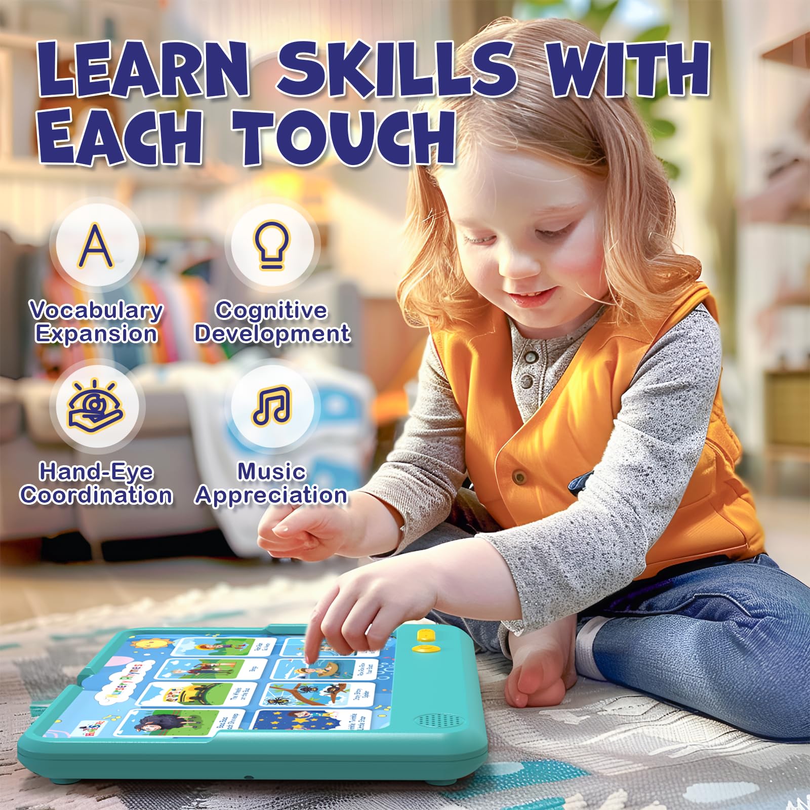 HOMESTEC Astro Pad toddler taps a card for pronunciation feedback.