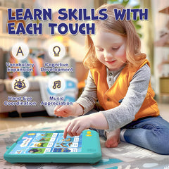 HOMESTEC Astro Pad toddler taps a card for pronunciation feedback.