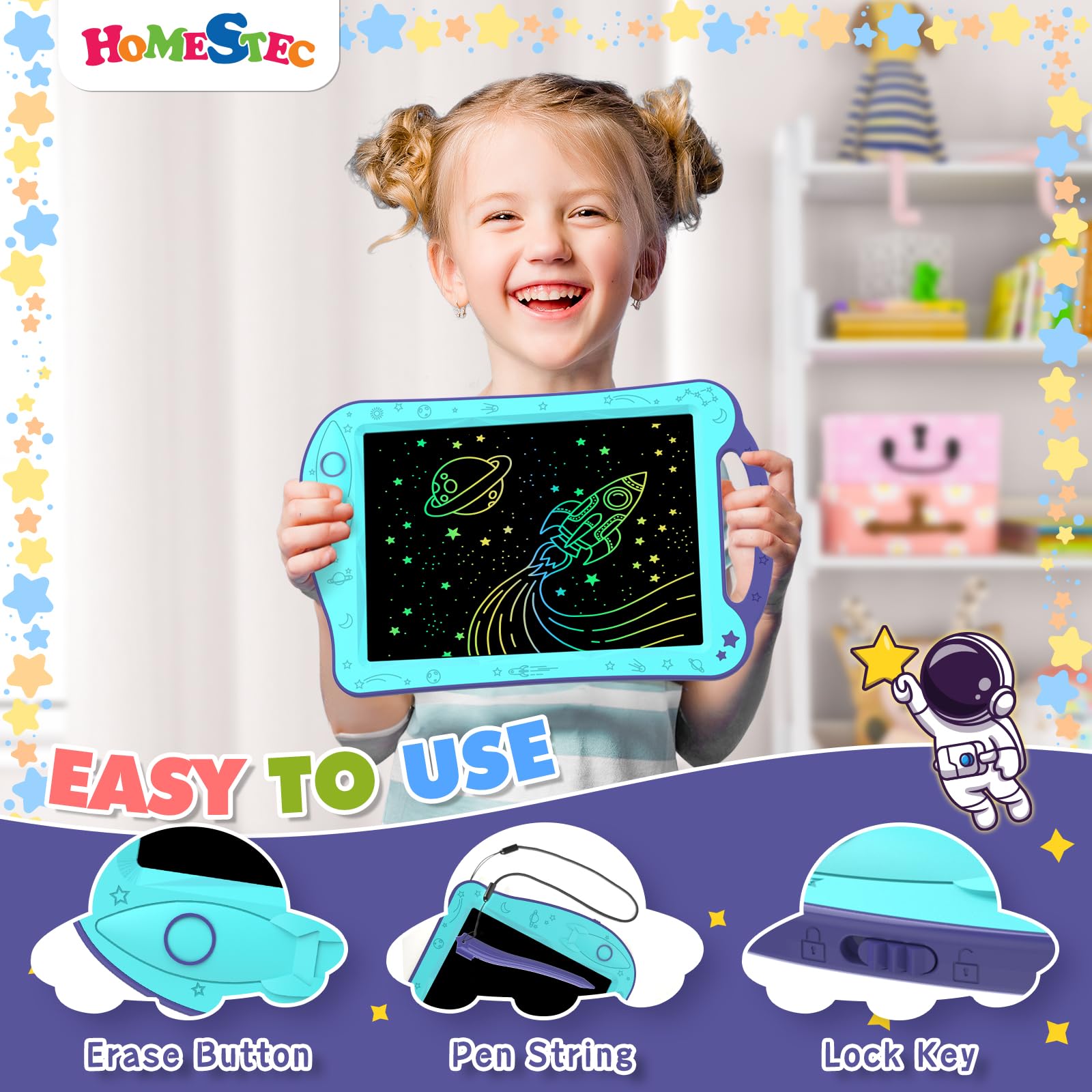 HOMESTEC Astrodraw colored-writing-lines; kids enjoy bright prompts while learning colors and letters.