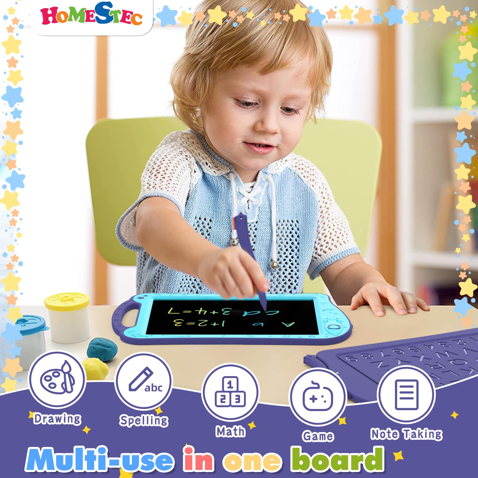 HOMESTEC Astrodraw stylus-pen; easy drawing with instant erase for mess-free play.