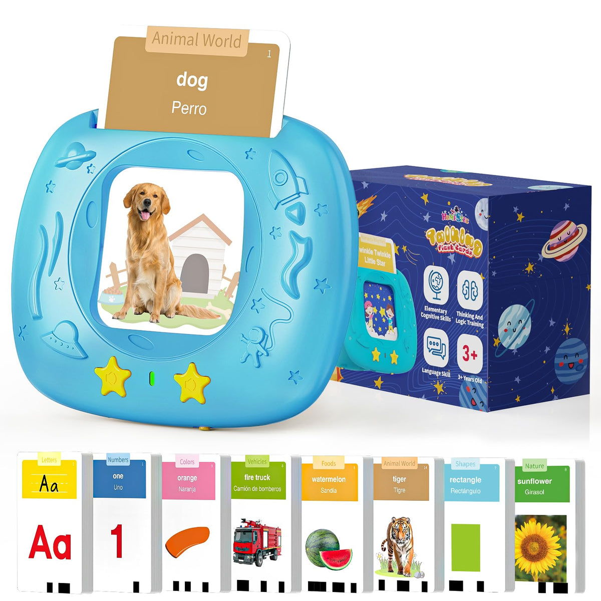HOMESTEC Toddlers bilingual flash cards visuals support early English-Spanish word recognition at home.