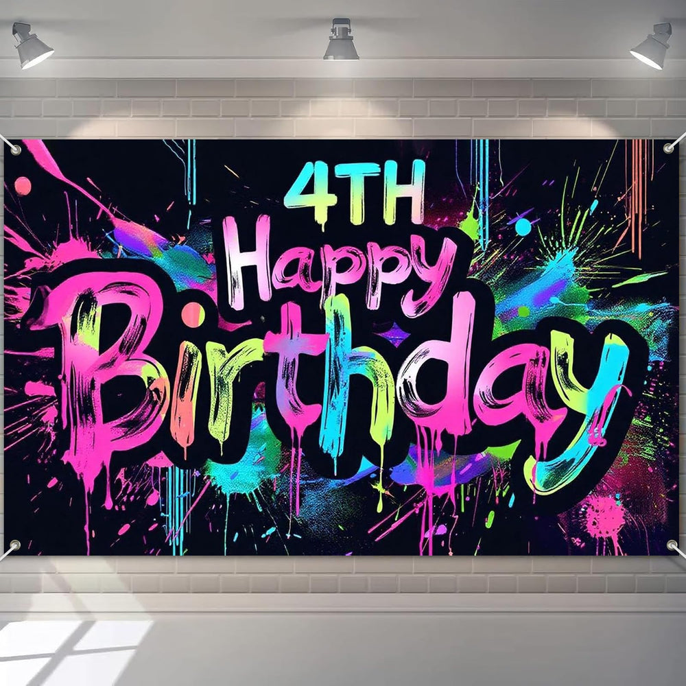 HOMETITUTE Neon 4th banner with paint splatter wall design for lively party photos