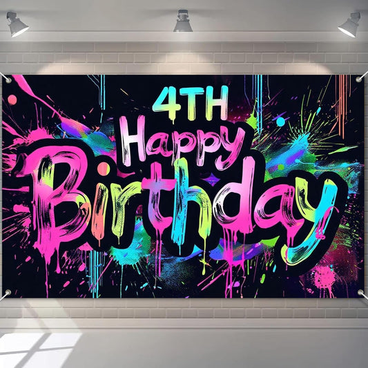 HOMETITUTE Neon 4th banner with paint splatter wall design for lively party photos