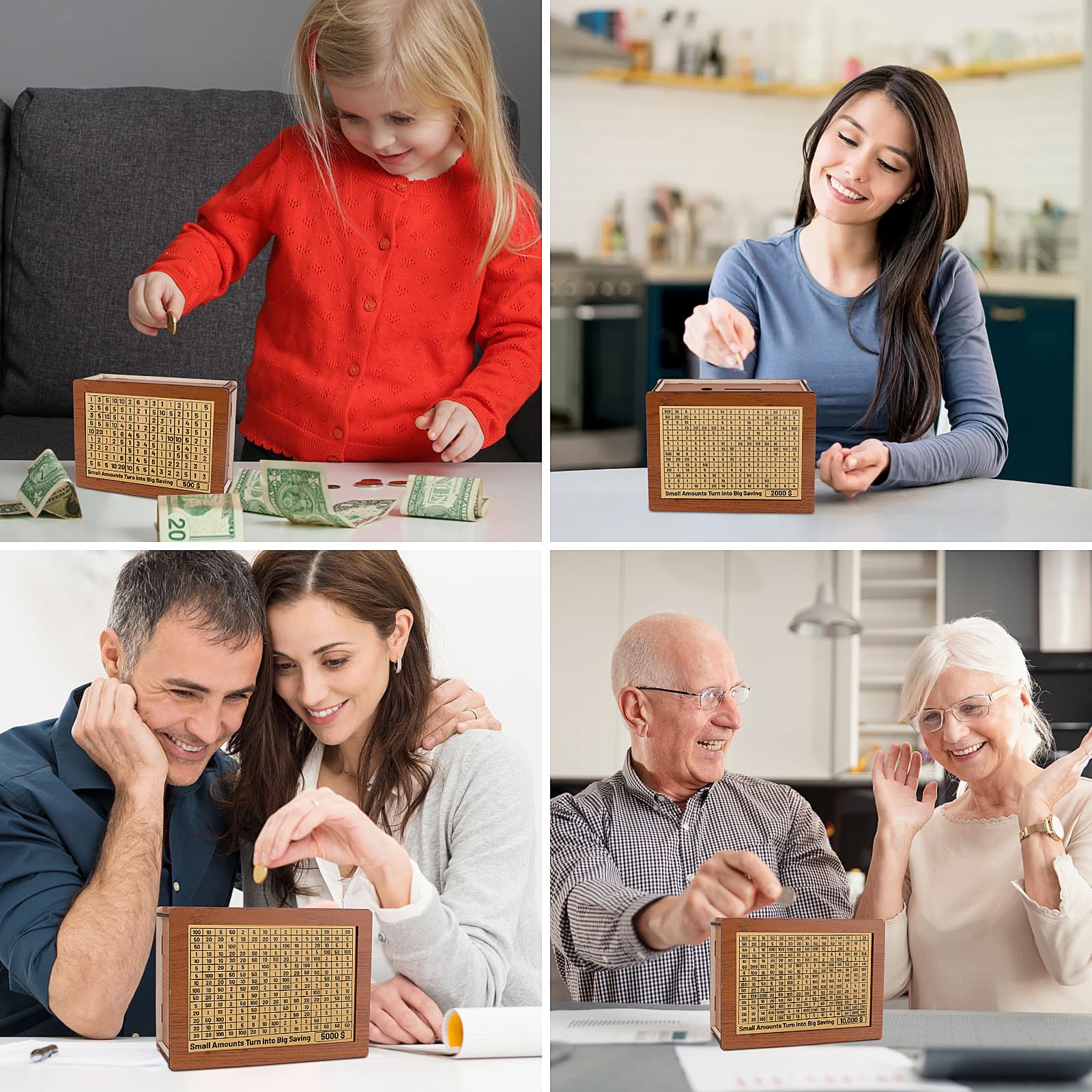 Homgaty money box countdown dials illustrate progress toward milestones and rewards.