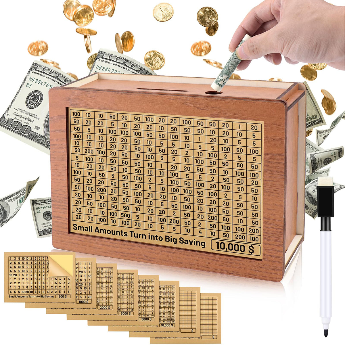 Homgaty money box front view highlights durable wooden build for reliable long-term savings.