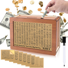 Homgaty money box front view highlights durable wooden build for reliable long-term savings.