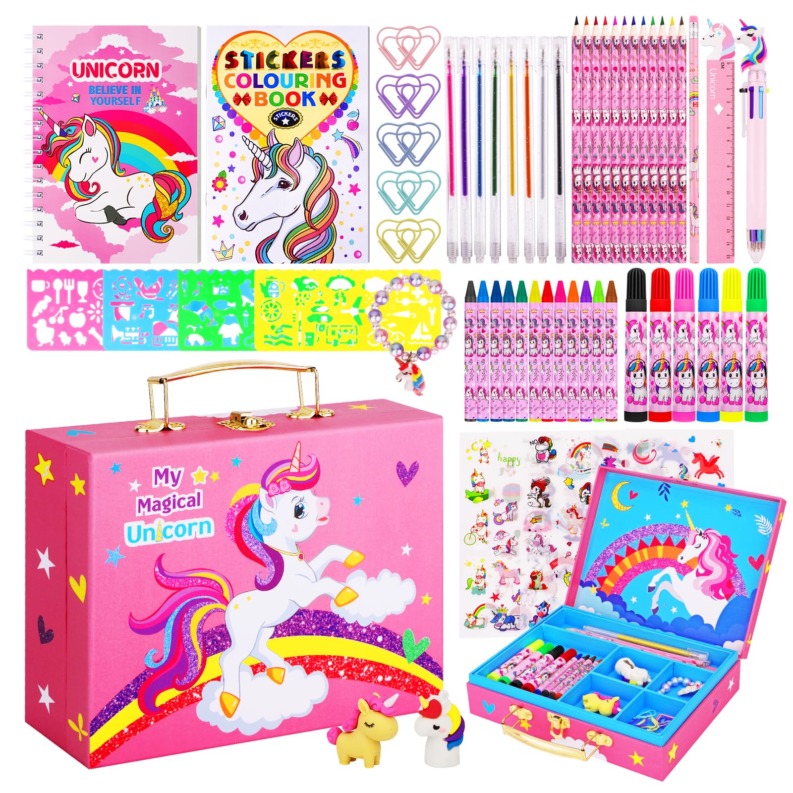 Homicozy 66-piece art set in a unicorn storage box, ideal for organized creativity.