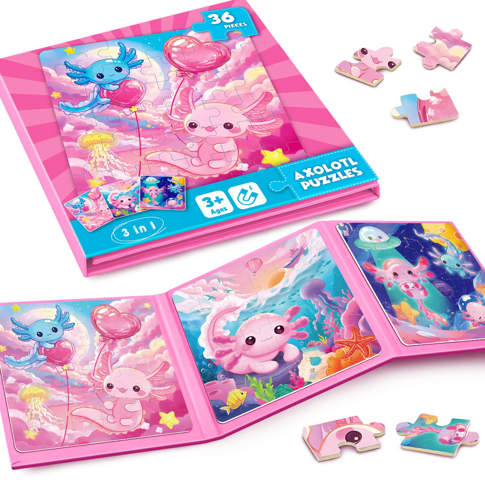 Homicozy axolotl magnetic puzzles open book, travel-friendly activity for car trips