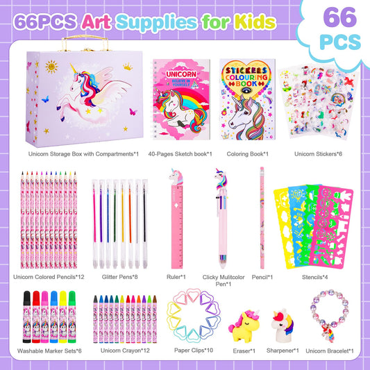 Homicozy color kit with unicorn box including markers, pencils, and crayons for creative projects