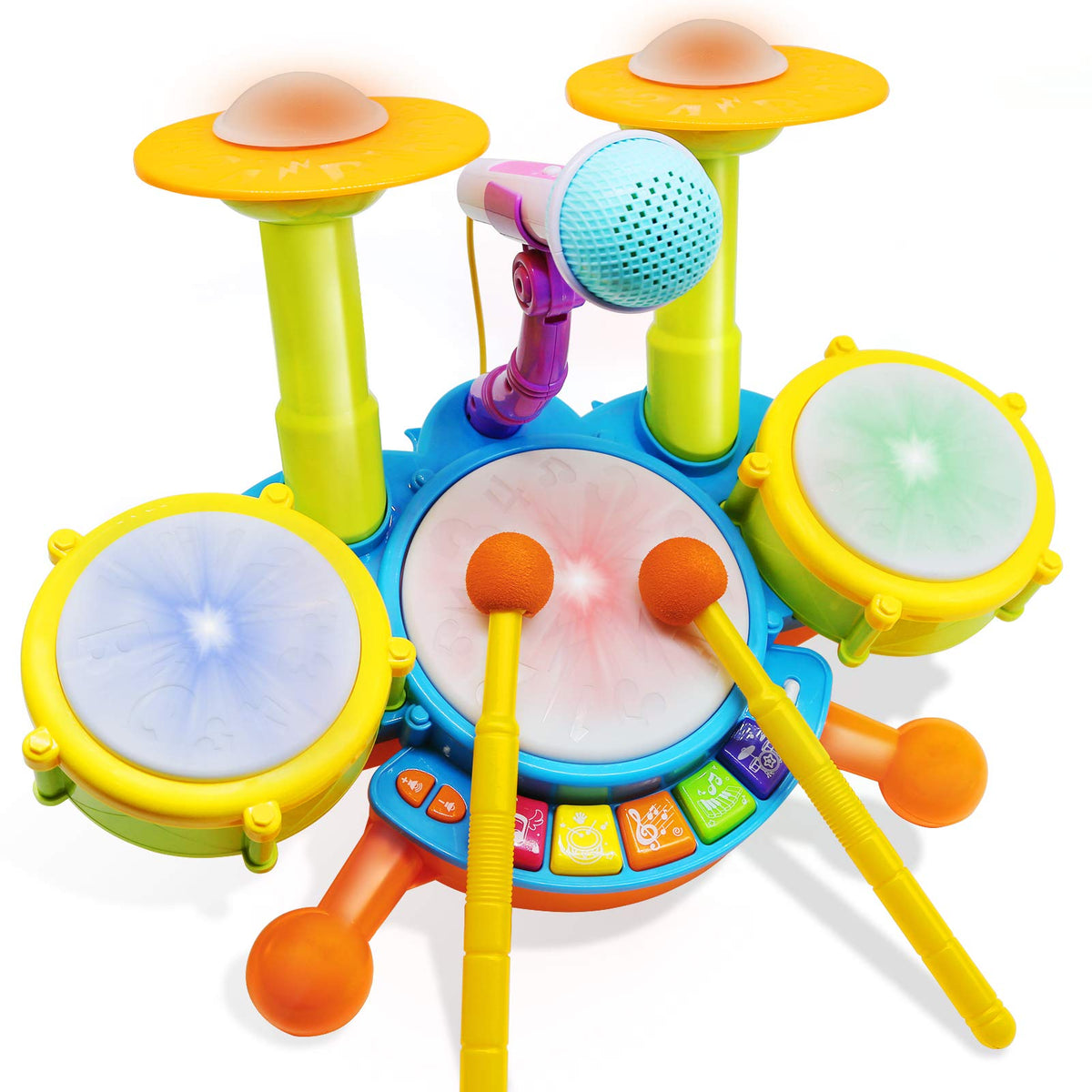 Homily drum set for kids with colorful lights, encouraging early music exploration and coordination.