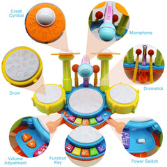 Homily drum set with LED lighting enhancing playtime and visual feedback.