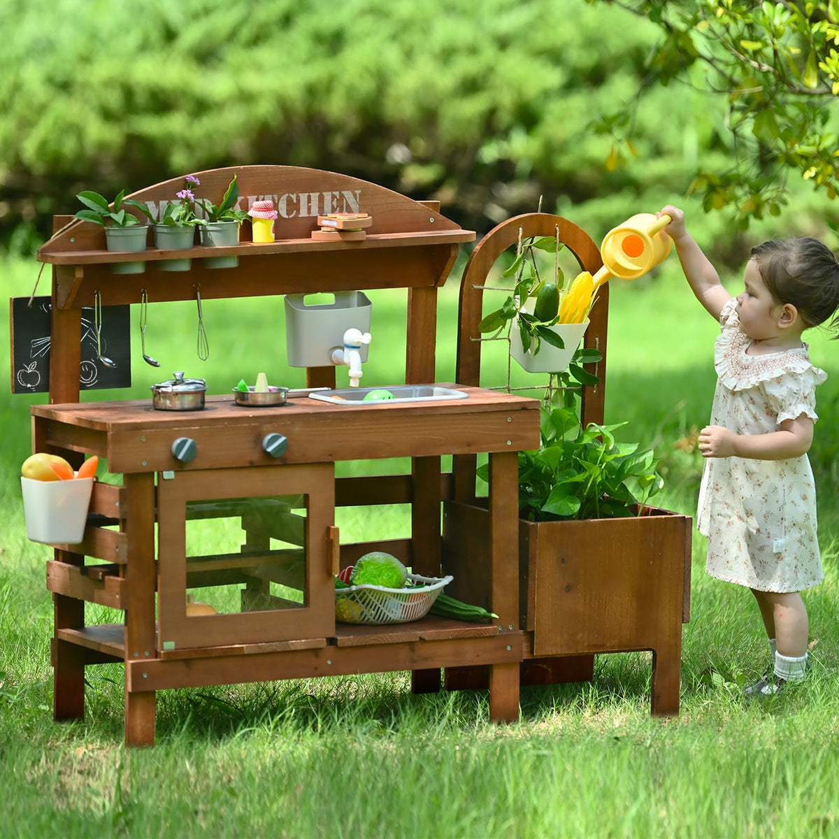 Homman outdoor mud kitchen top stove with click knobs for pretend cooking.