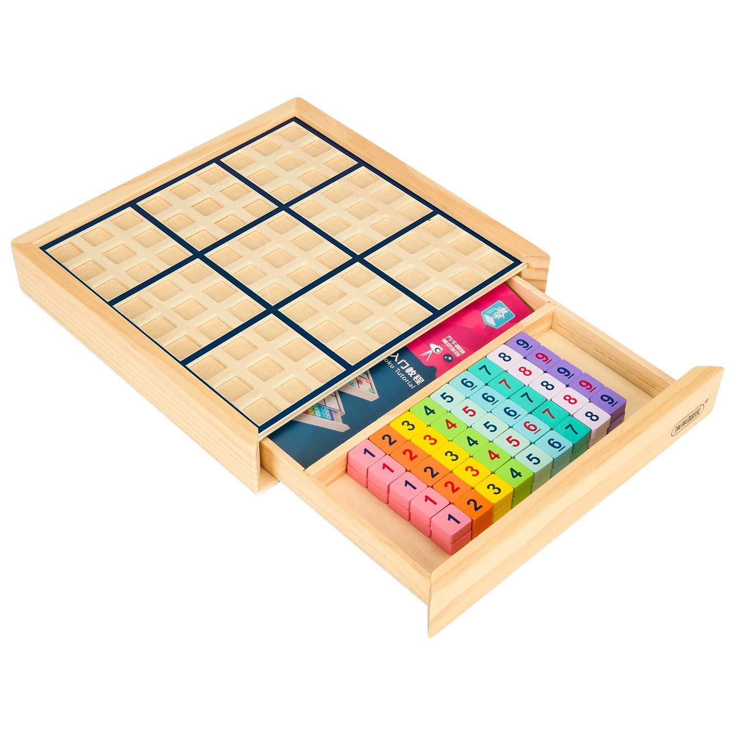 HOMSV wooden Sudoku board with drawer for organized play and storage.