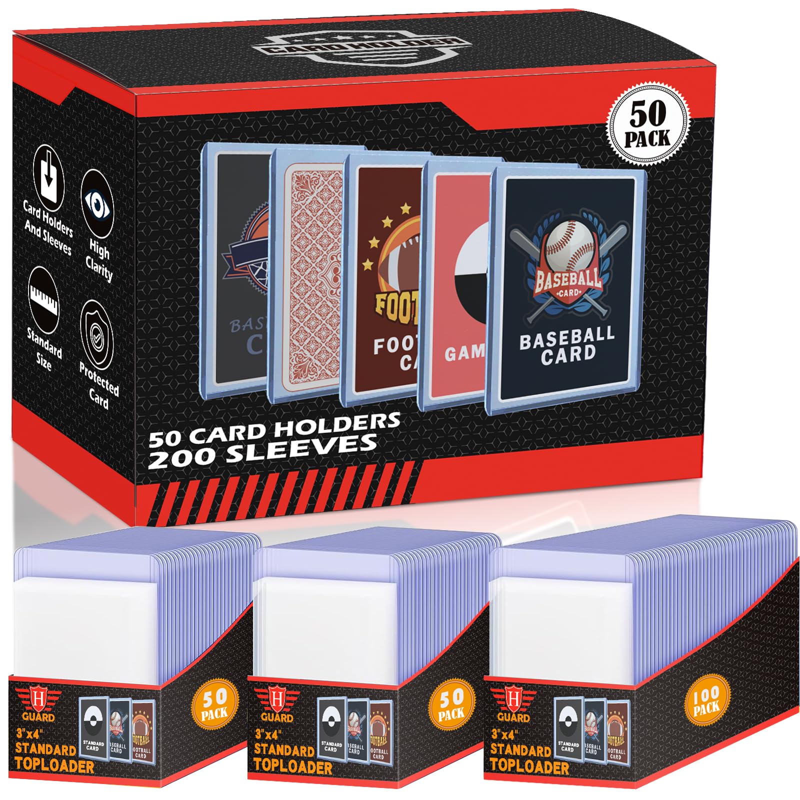 Homthy toploaders 3x4 pack opened, clear protectors for MTG and sports cards.