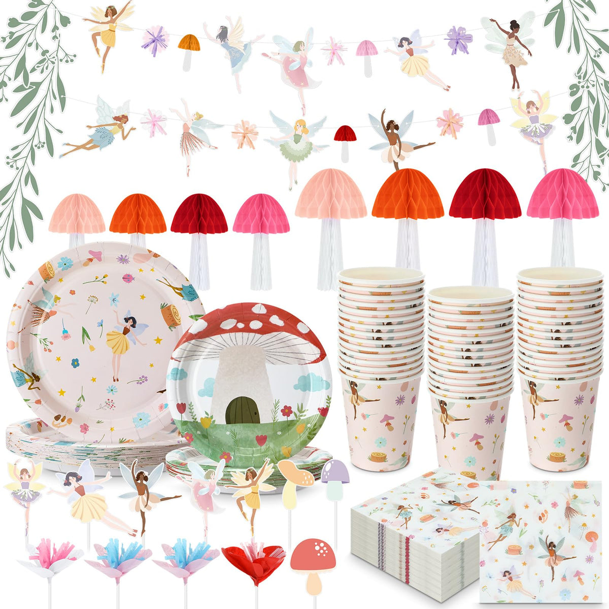 Honeydak fairy pull flags brighten walls for a fairy party backdrop.