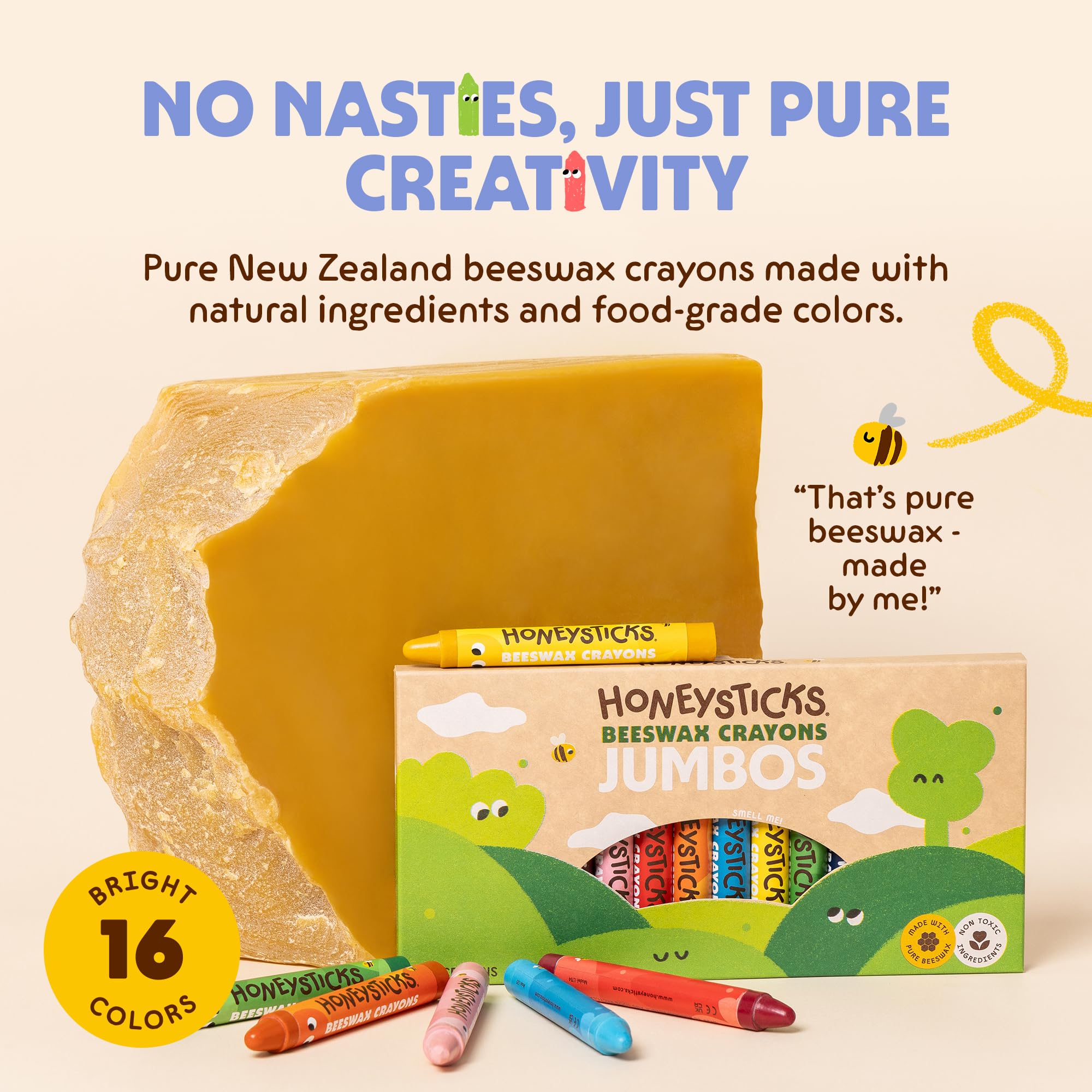 Honeysticks 16-pack color swatches showing 16 bright beeswax colors