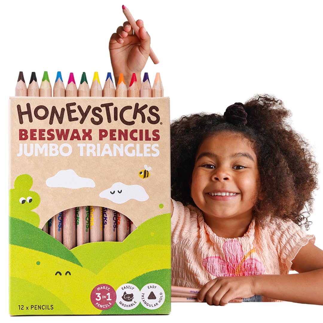 Honeysticks Jumbo Triangle Pencils pack cover with bright colors and safe beeswax core.