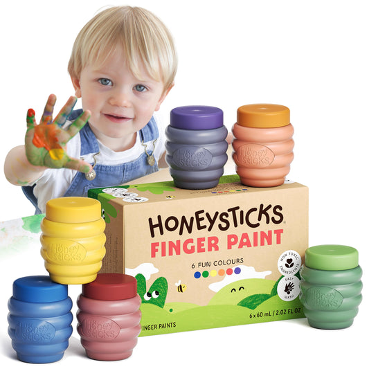 Honeysticks non-toxic finger paint pots show six colors for safe, imaginative play.