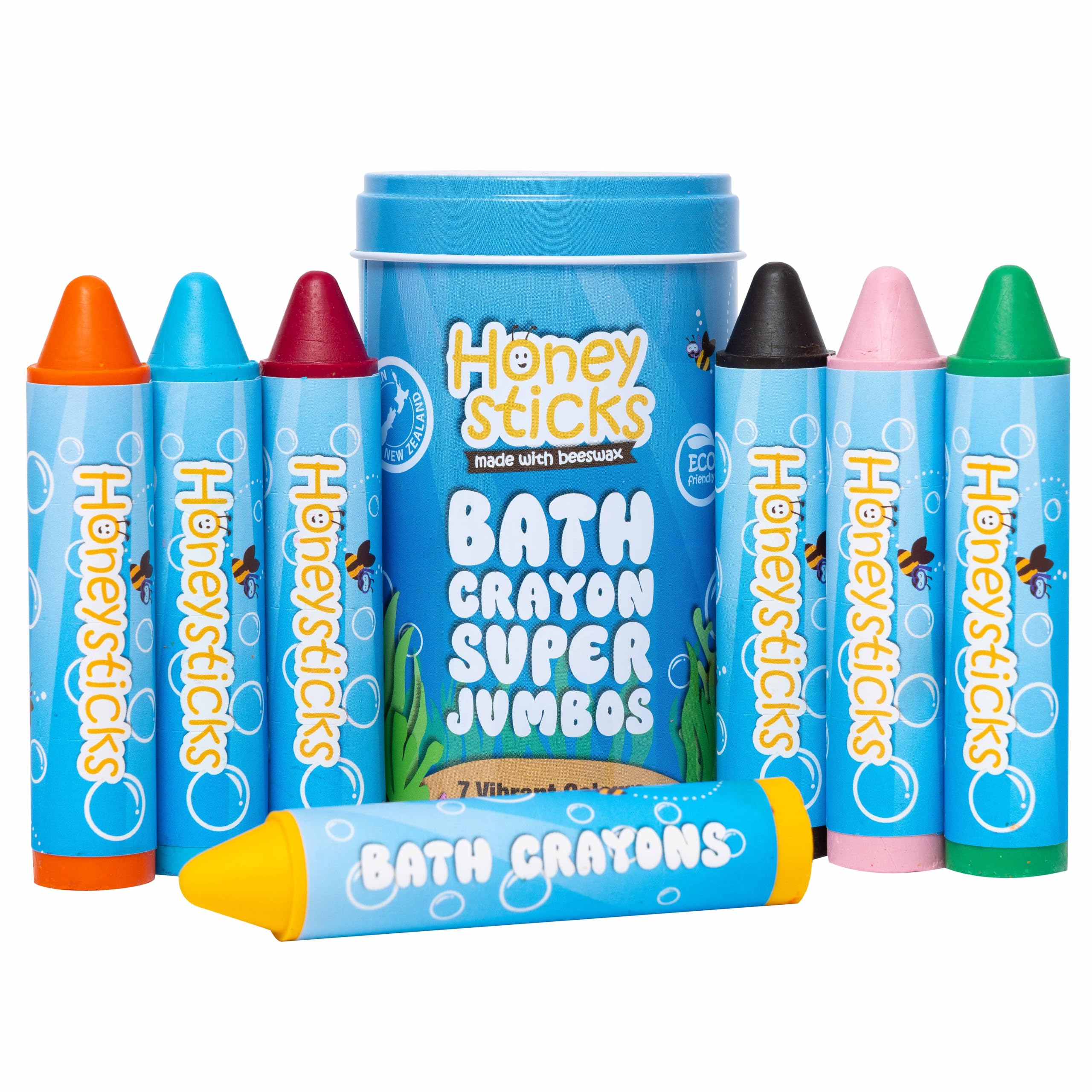 Honeysticks Super Jumbo Bath Crayons in box: easy grip and 7 color options for bath art.