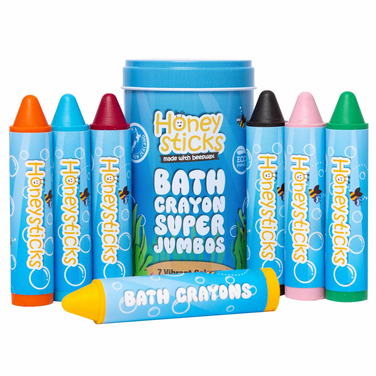 Honeysticks Super Jumbo Bath Crayons in box: easy grip and 7 color options for bath art.