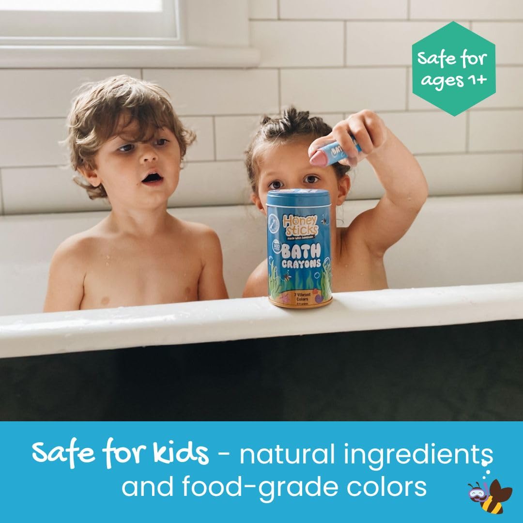 Kids playing with Honeysticks bath crayons in tub show safe, mess-free fun.