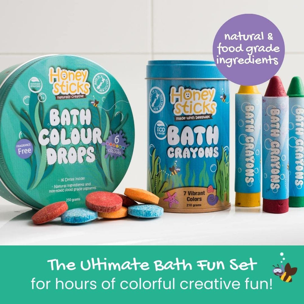 Honeysticks bath crayons in seven colors—easy to grip and wipe clean.