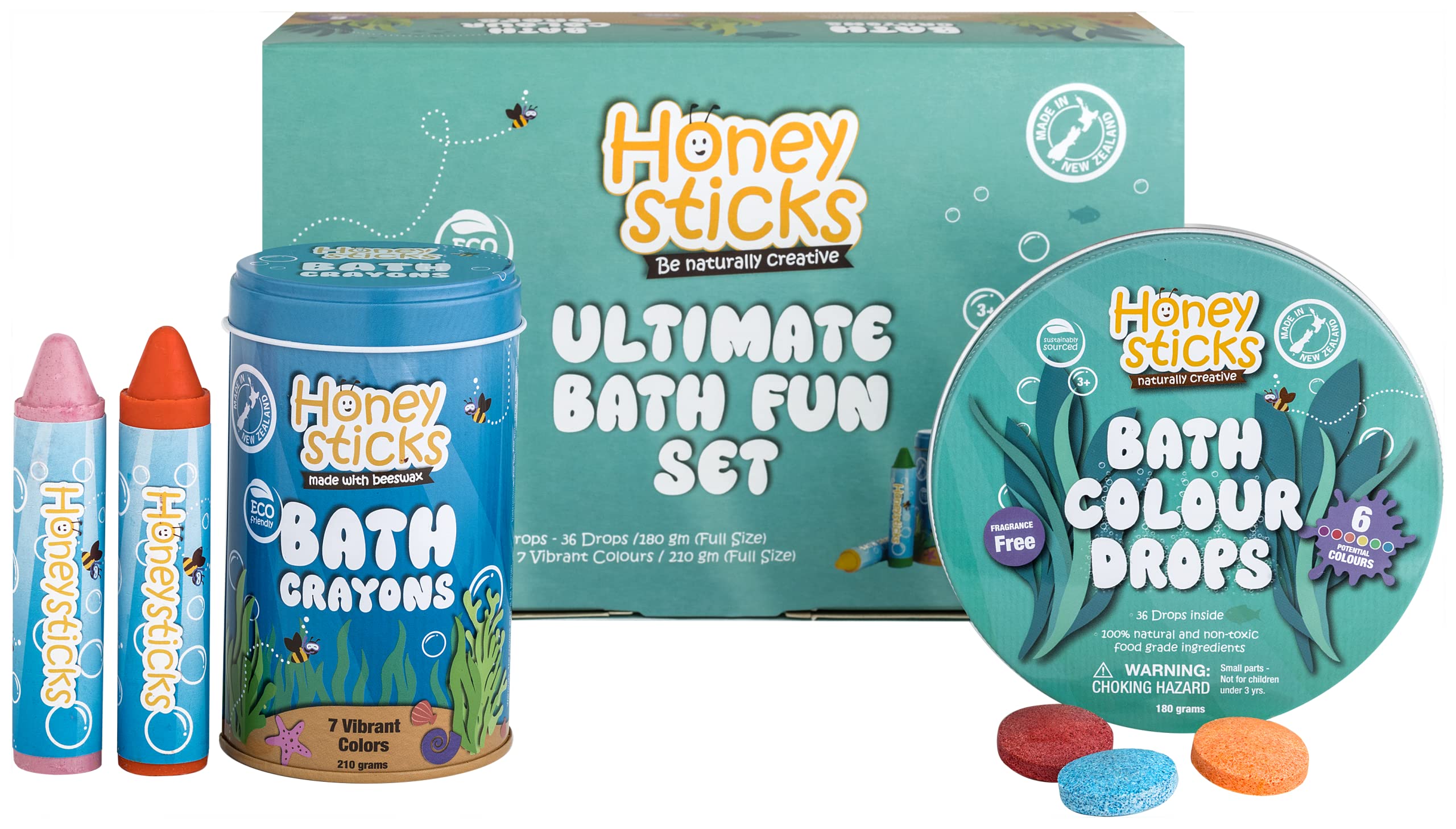 Honeysticks Ultimate Bath Fun Set packaging in eco-friendly tin, ready for gifting.