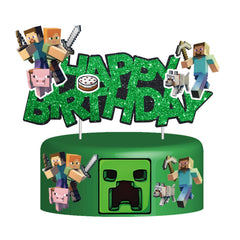 HonFHena pixel-styled cake topper green adds arcade vibes to a birthday cake.