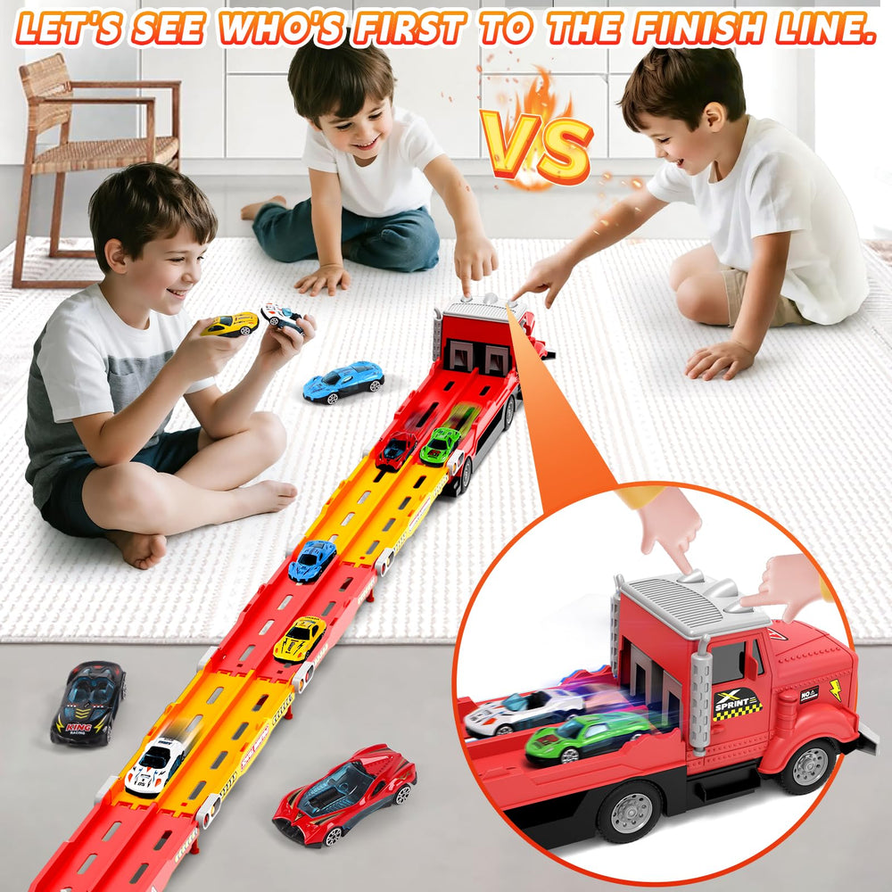 HONGTUO toy truck on extended racing track for family fun