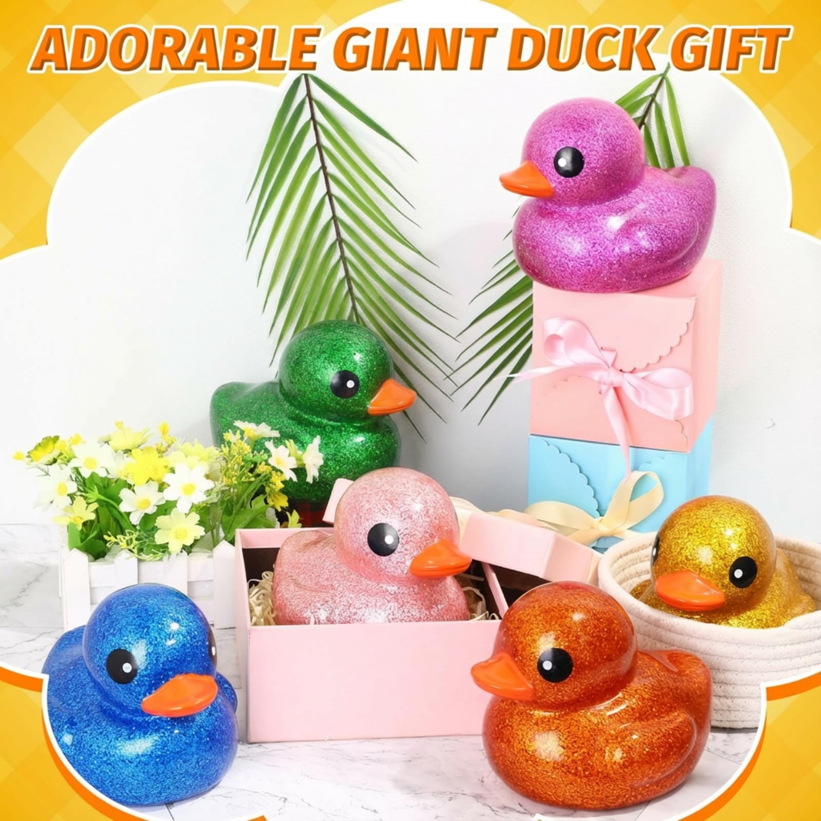 Honoson glitter rubber duck in orange; fosters interactive water games.