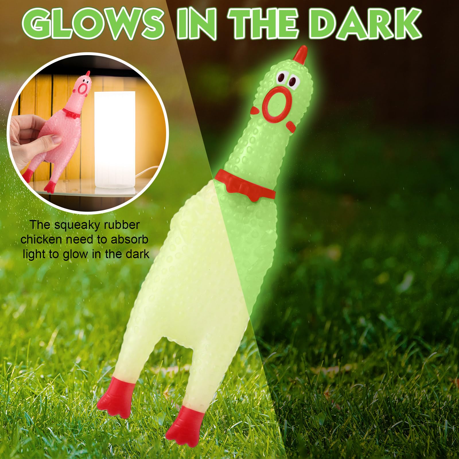 Honoson glow-chicken close-up shows vibrant colors and squeak feature.