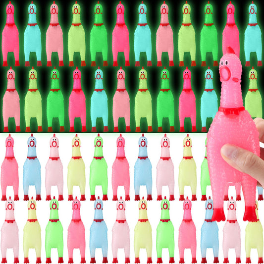 Honoson glow-in-the-dark rubber chicken pack glowing at a lively party.